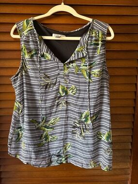 Christopher & Banks Black and White Striped Tank with Green Leaf Print
